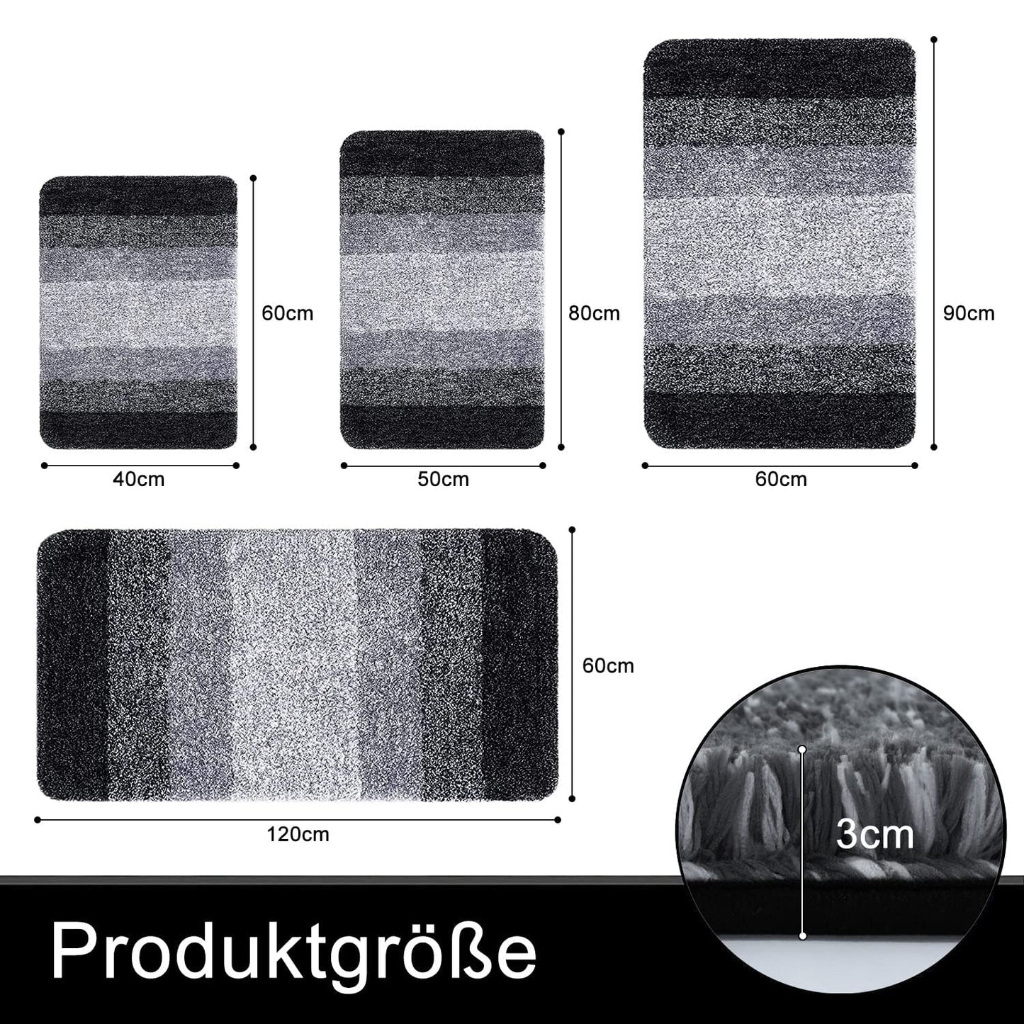 Homaxy Soft Bathroom Rug 60x120 cm, non-slip washable Bath Mat Fluffy High Pile Bath Rug Microfiber Absorbent Bathmat Shower Mat (Black)