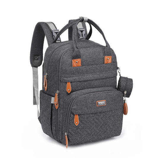 BabbleRoo Diaper Bag Backpack - Large capacity, 17 pockets, water resistant - with changing pad, detachable pacifier holder, stroller straps - Travel backpack for Mom & Dad