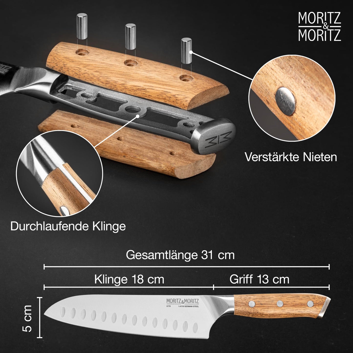 Moritz & Moritz Santoku Knife 18 cm - Professional chef's knife in Japanese style with extra sharp blade - Kitchen knife for meat, sushi etc. - Ergonomic acacia wood handle - German knife steel
