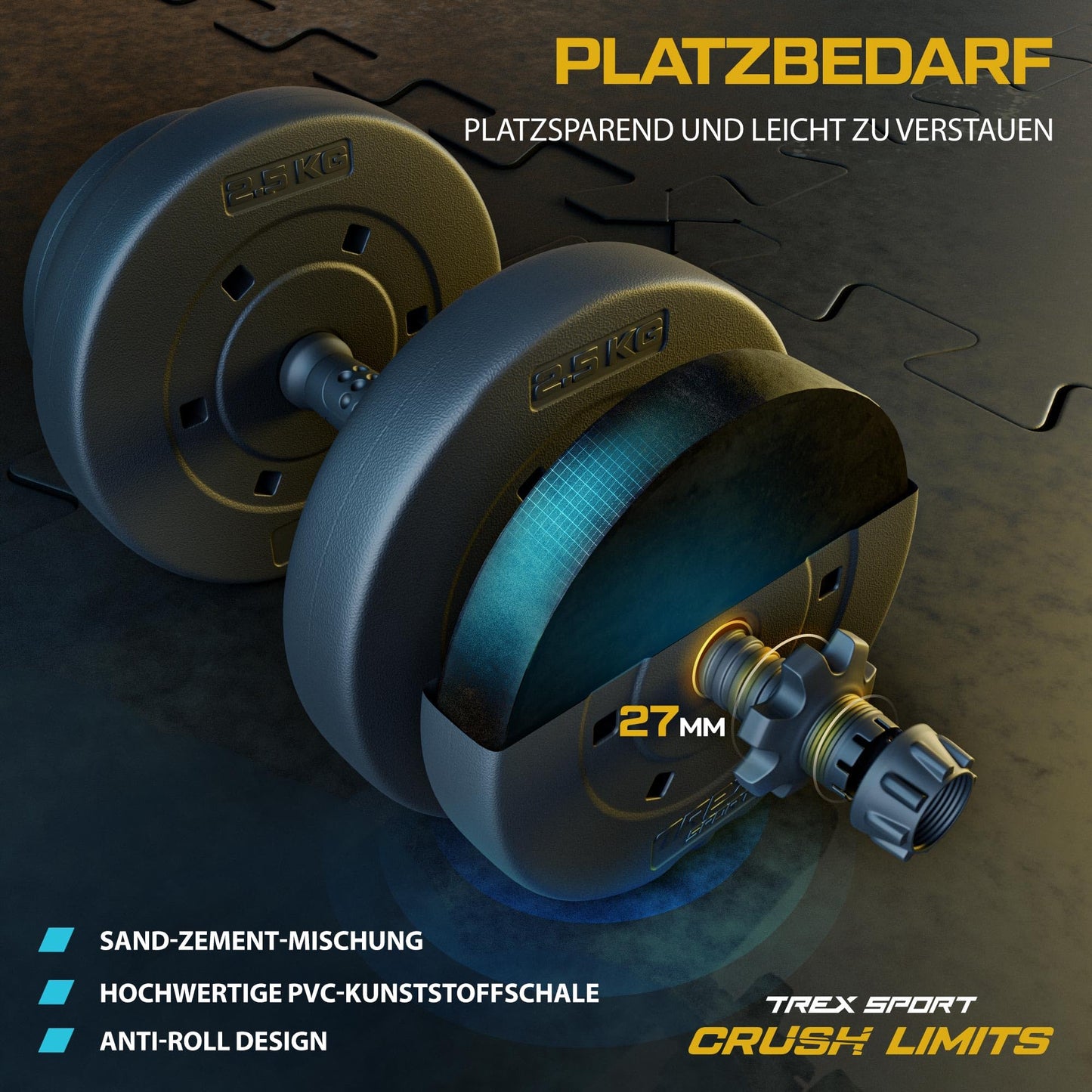 TREX SPORT Dumbbell Set | 2 sets of dumbbells & barbell | 20kg 40kg dumbbell set with connecting tube - 40kg (2x20kg)