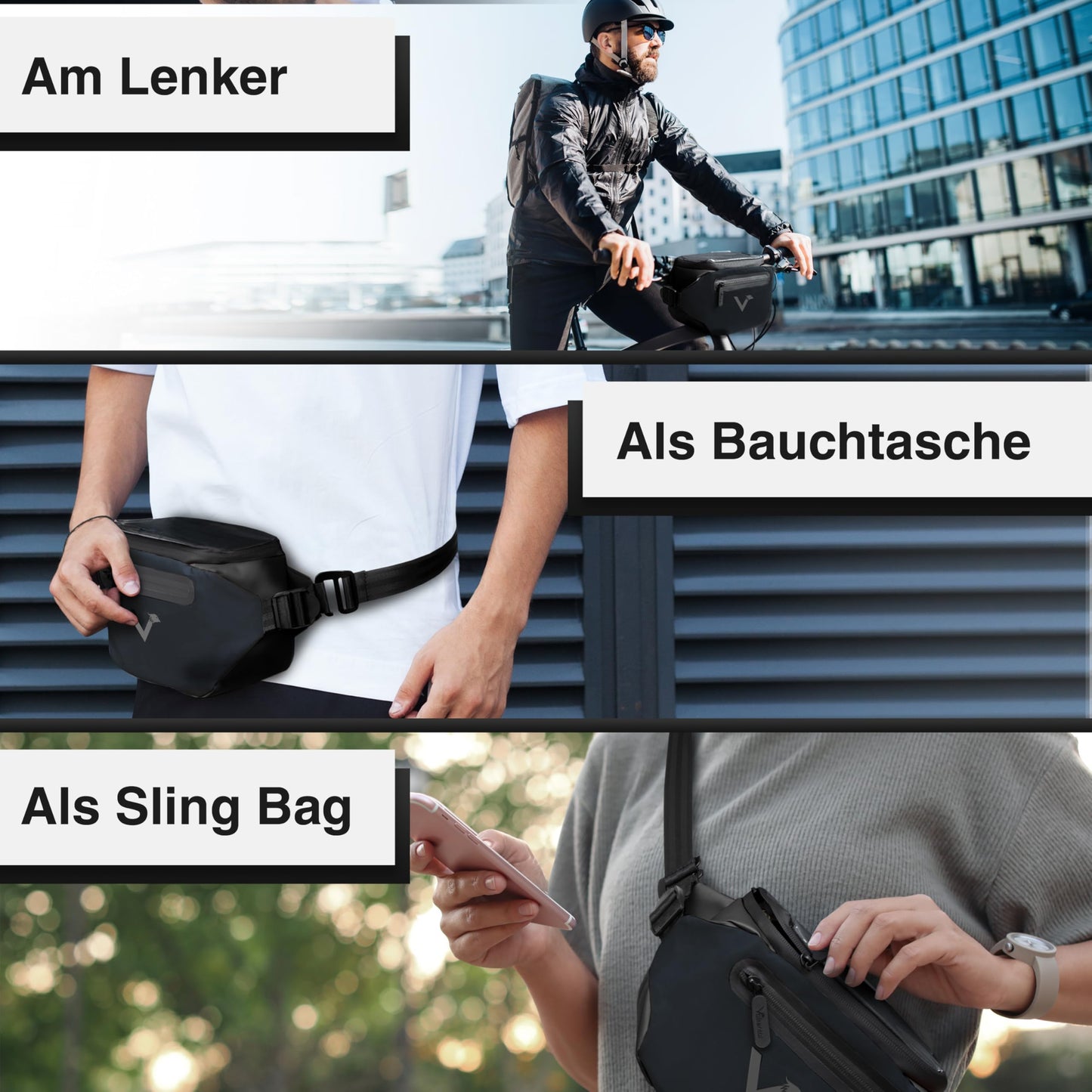 Valkental® x KLICKfix® - 3in1 bike bag handlebar | Fully reflective & waterproof - Suitable as handlebar bag & waist bag | 4L volume | Handlebar bag bike KLICKfix | Handlebar bag Ebike