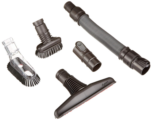 Dyson cordless vacuum accessory set includes extra stiff & extra soft brushes, a wide upholstery nozzle, and an extension hose for Dyson cordless or handheld vacuums V6, DC62 & DC43H. Convenient vacuum accessories.