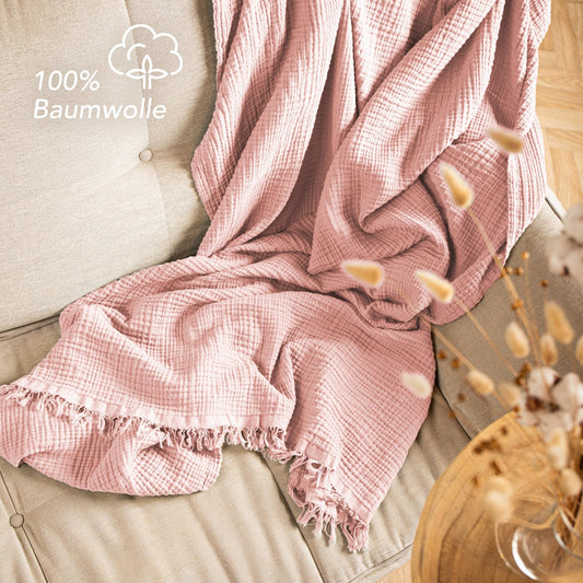 Pure Label 2-piece set Muslin blankets 220x240cm - Oeko-Tex certified cotton bedspreads | Muslin throw blankets for couch & sofa in XXL | Double pack 220 x 240 cm, color of the blanket Pink