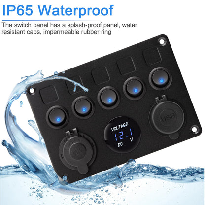 5-speed switch panel, 12V/24V toggle switch panel IP65 waterproof LED voltmeter dual USB socket charger for car boat marine RV truck camper vehicles (blue)