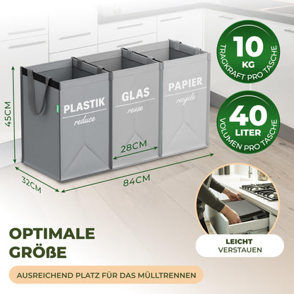 COTTARA® Waste Separation System 3-way Plastic, Glass, Paper | Stable Base with 4 Stabilizers | Ideal for separating waste, collecting deposit bottles, recycling bins, and paper collection | Gray