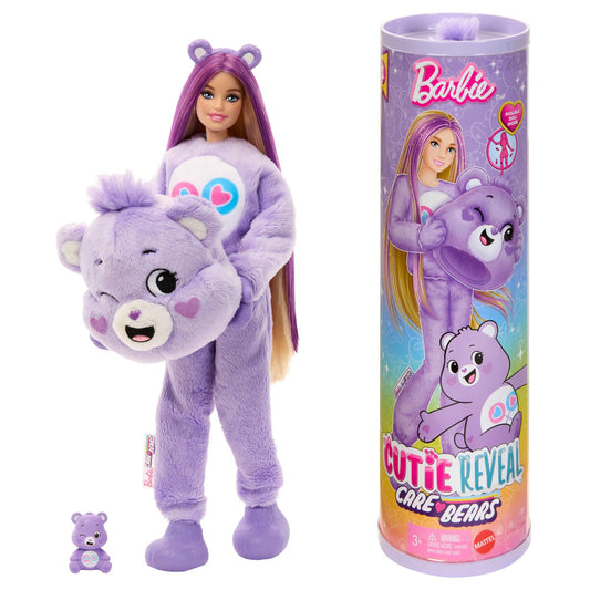 Barbie doll with accessories, Care Bears collection, fashion doll in fuzzy Care Bears costume with 10 surprises, including color change and mini Care Bear, JCN94.