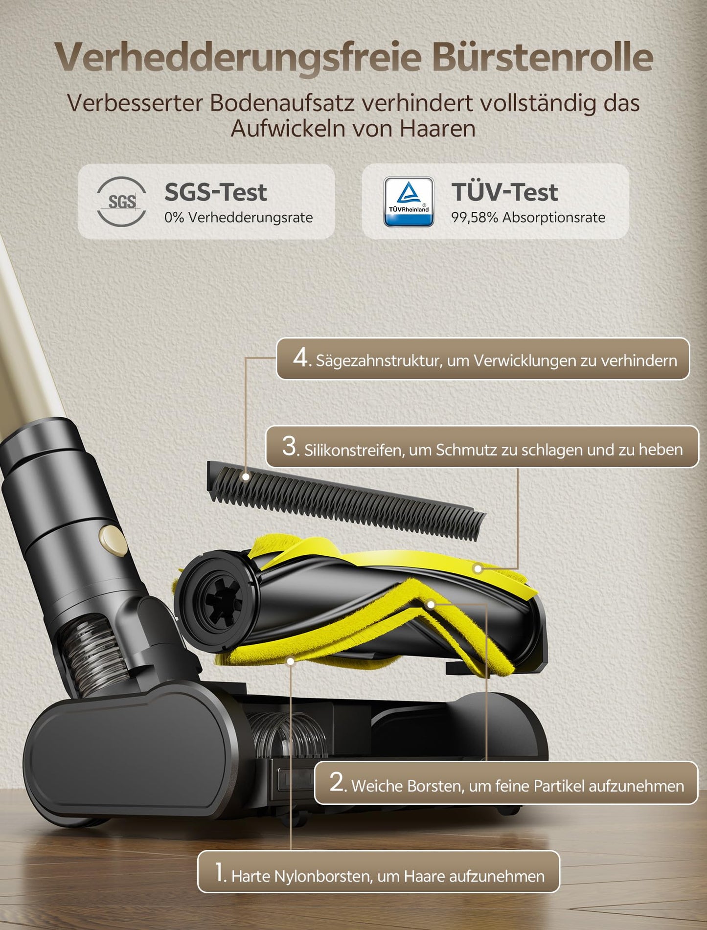 Ultenic U15 cordless vacuum cleaner, 50000Pa/ 580W/ 65min runtime, with GreenEye technology, anti-tangle brush, telescopic tube & freestanding design. Ideal for carpets, hard floors & pet hair.
