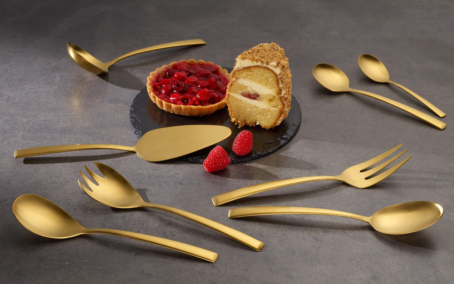"Avelino" 68-piece PVD gold matte stainless steel flatware set by Echtwerk for 12 people. Includes storage case.