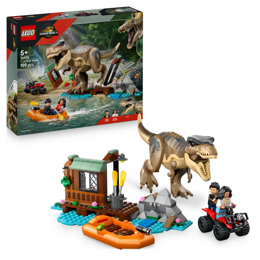 LEGO Jurassic World Escape from the T.Rex - Interactive toy with dinosaur figure, boat, ATV, and 2 minifigures - Gift for boys and girls aged 5 and up - 76975