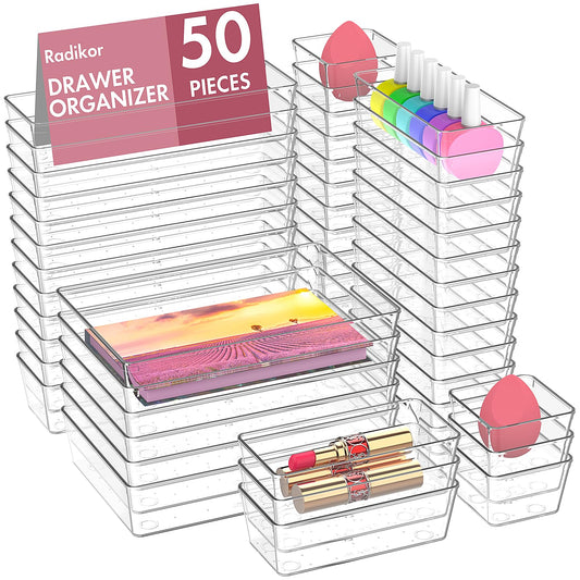 Radikor Drawer Organizer - 50 piece vanity organizer in 4 sizes, Makeup organizer, Drawer organization system for desk, office, kitchen, bathroom.