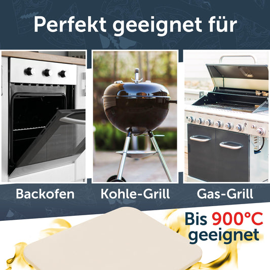 Blumtal pizza stone for oven 38x30cm + sturdy pizza peel - pizza stone for gas grill made of cordierite stone up to 900°C - suitable for gas grill - pizza stone - bread baking stone.