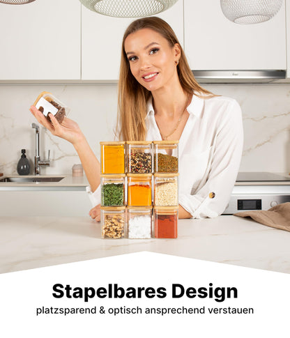 Deco House® square airtight spice jars with wooden lids 10-piece set [+labels] - Glass spice jar set - Spice containers spice jars set - Spice storage - Containers - Spice storage