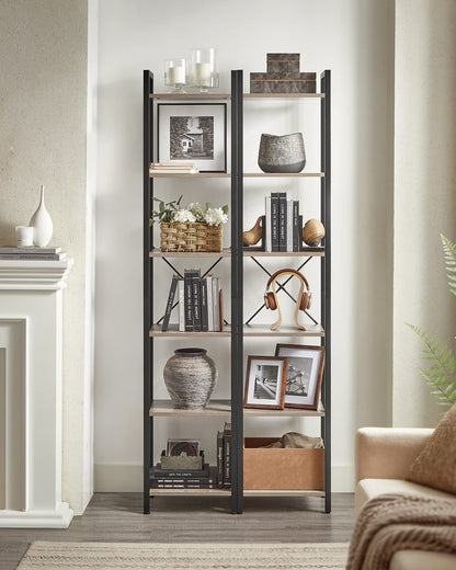 VASAGLE Shelf, Bookshelf, Standing Shelf, DVD Shelf, with 6 Levels, Office Shelf, Open Shelves, for Office, Living Room, Bedroom, Kitchen, 30 x 40 x 186 cm, Beige-Black LLS101B02