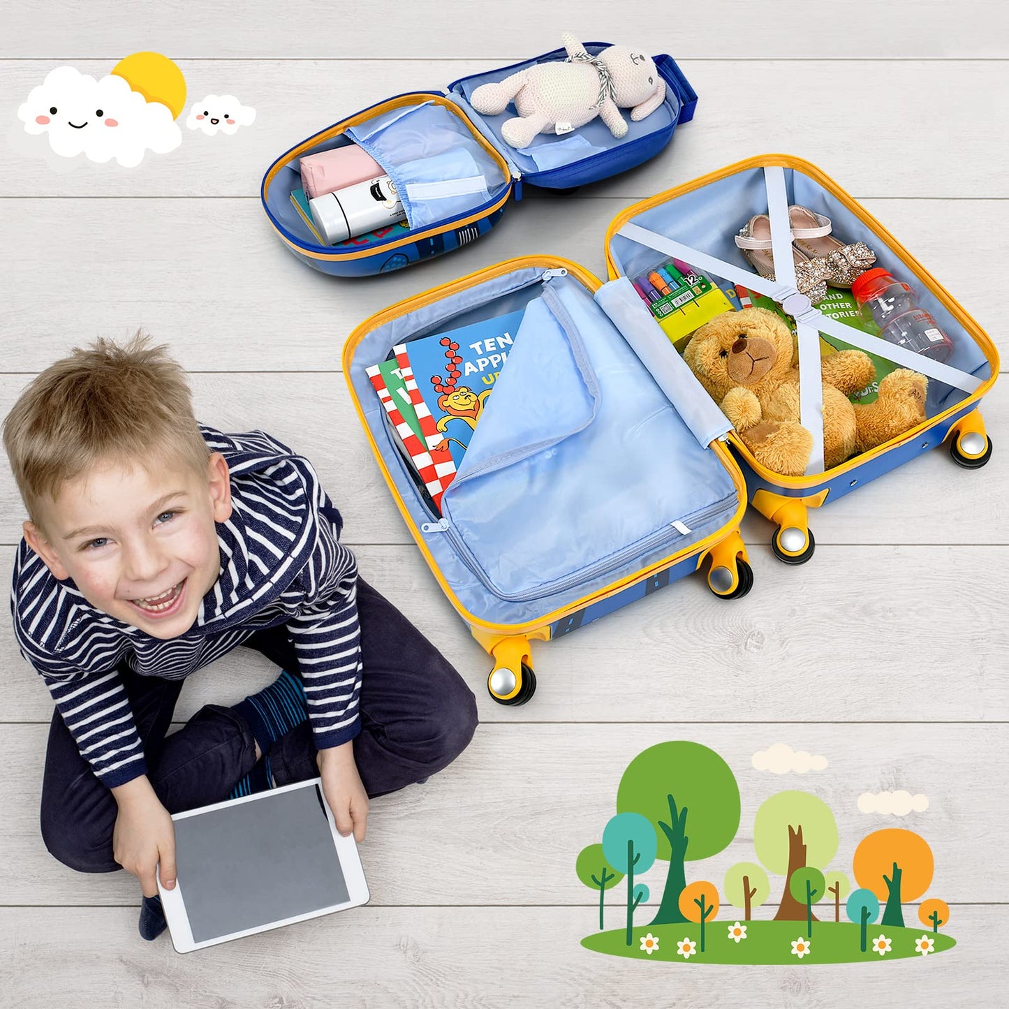 GOPLUS kids suitcase with backpack, kids trolley, children's luggage with wheels, travel suitcase with telescopic handle, hard shell suitcase for kids, children's trolley choice of colors (cartoon car, 12"+18")