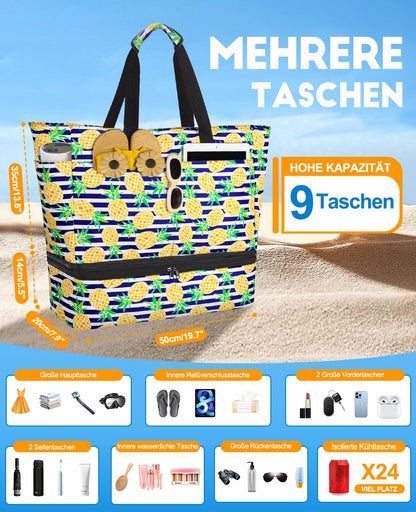 ISEYOU XXL Beach Bag Family with Cooler, Large Beach Tote with Zipper Waterproof Sandproof, Women's Handbag 49L, Foldable Beach Bag for Vacation Travel Gym Picnic