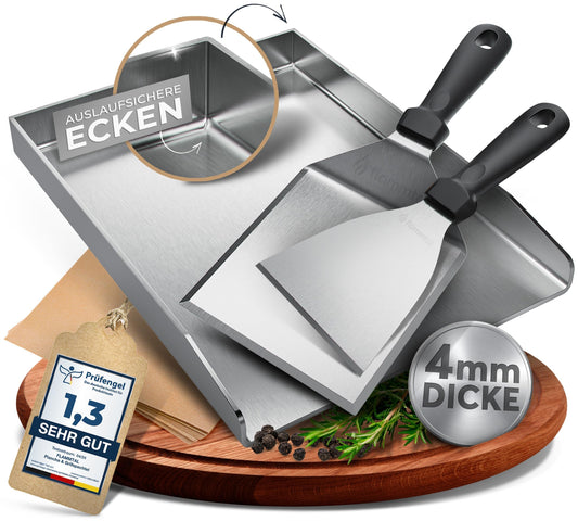 flame valley - Plancha Grill Plate [30x40 cm] - Stainless steel grill plate with spatula set & 20 burger paper - Solid 4mm stainless steel grill plate for gas grill.