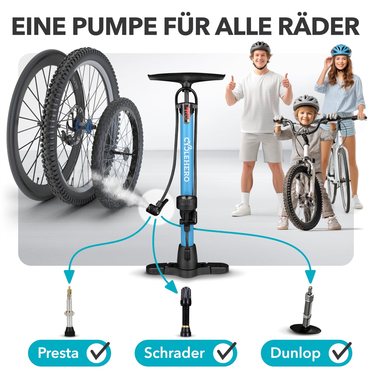 Bike pump all valves * Test VERY GOOD - 10 years WARRANTY * Powerful bike pump - French valve bicycle pump - floor pump with pressure gauge - pump floor pump