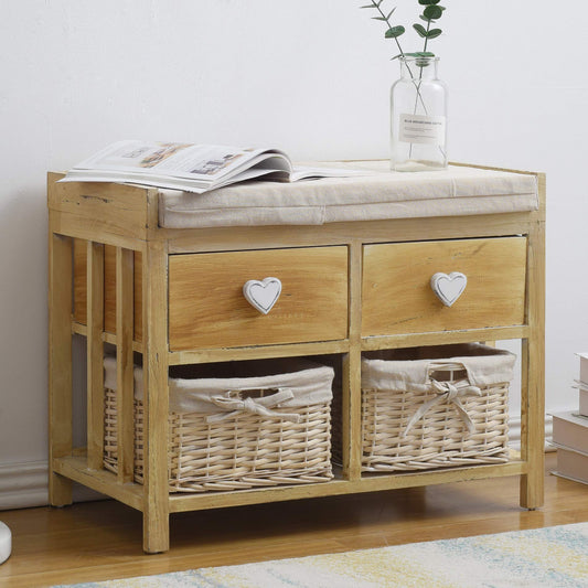 Rebecca wooden bench and wicker baskets, comfortable seat bench with 2 drawers and 2 wicker baskets, beige, shabby chic, for entryway or bedroom - Dimensions: 46 x 60 x 30 cm (HxLxB) - Art. RE4159