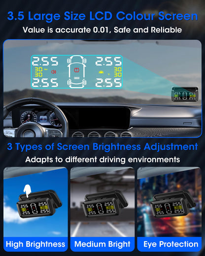 TPMS Tire Pressure Monitoring System with 2/4-wheel modes. High Precision Solar Charging TPMS with 3.5 inch Detachable Bracket and 4 External Tire Pressure Sensors for Car Van SUV 5-87 Psi.
