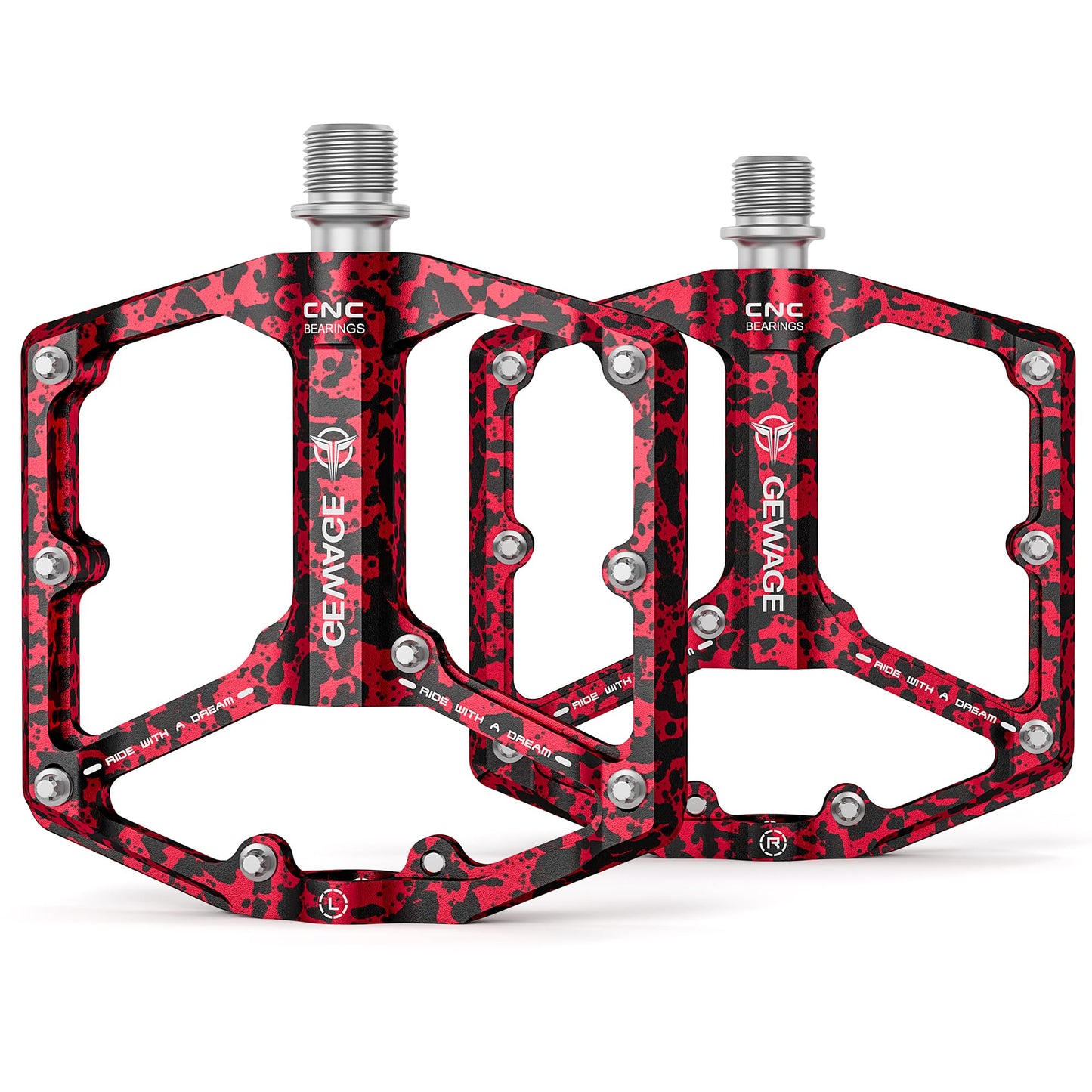 DARING Road/Mountain Bike Pedals - 3 Bearing Bike Pedals - CNC-machined 9/16-inch Flat Pedals with Removable Anti-slip Pins (Red Camouflage)