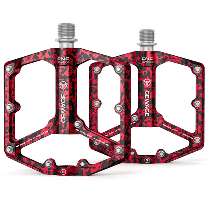 DARING Road/Mountain Bike Pedals - 3 Bearing Bike Pedals - CNC-machined 9/16-inch Flat Pedals with Removable Anti-slip Pins (Red Camouflage)