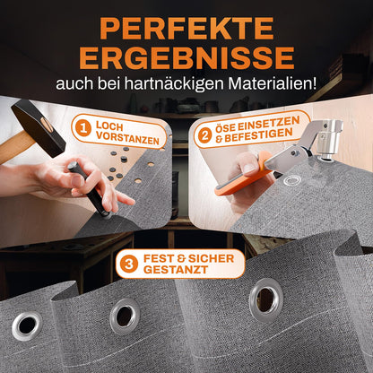 Craftus® Professional Eyelet Tool Set with 200 stainless steel eyelets (Ø 10mm) I Magnetic eyelet press made of hardened steel for fabrics & tarps I Eyelet punch for tarp eyelets & metal eyelets.