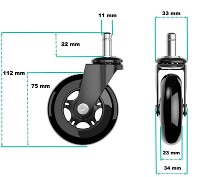 XeloTech hard floor casters for office chair, 5 pieces, 11mm x 22mm, Black Edition. Very quiet office chair casters - No need for floor mat - No scratches on the floor with these premium casters.