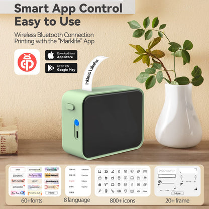 Pristar P15 Bluetooth label printer, self-adhesive, rechargeable. Suitable for iOS & Android, ideal for home, school, office. Green color.