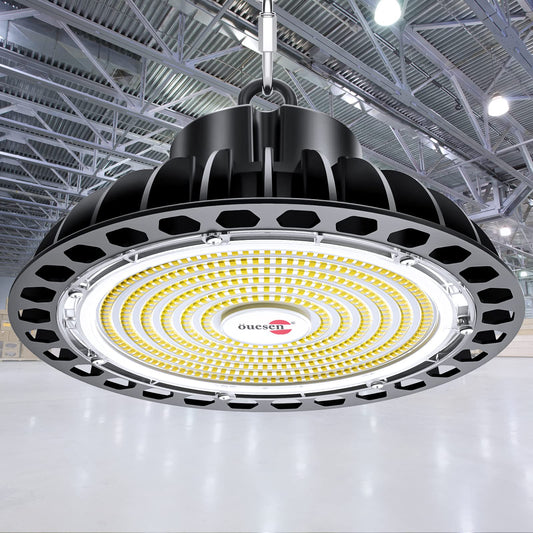 150W LED high bay light, 21000LM warehouse lighting, IP65 waterproof UFO high bay light, 5500K industrial LED lamp for workshop garage warehouse, cool white.