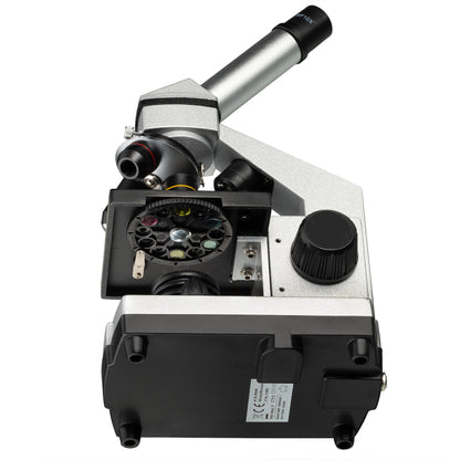 Bresser Junior Microscope Set 40x-1024x with USB camera and bright LED illumination for transmitted light observations, includes comprehensive accessory package and sturdy hard-shell case.