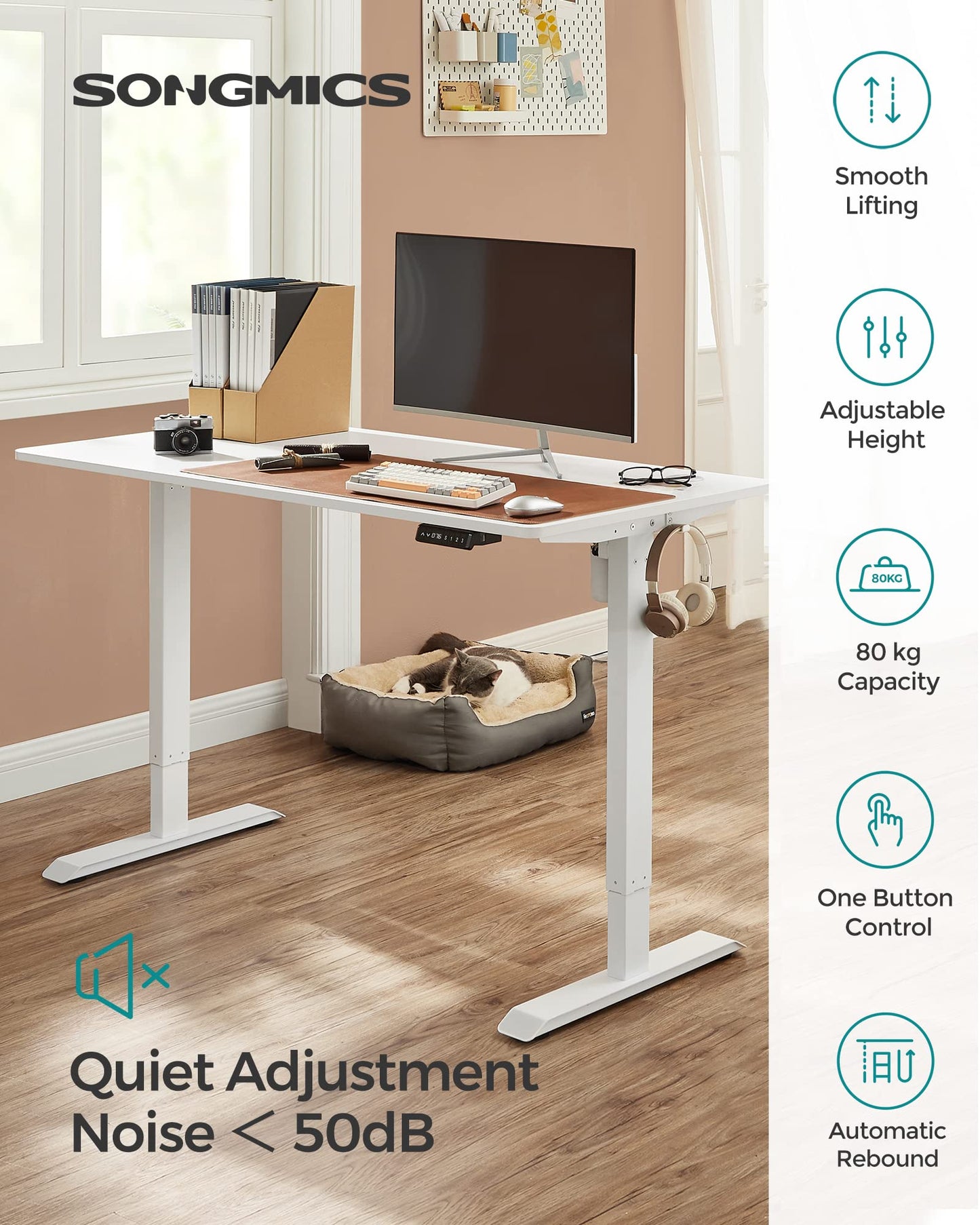 SONGMICS electric height adjustable desk frame, desk stand, without tabletop, with hooks, infinitely adjustable, memory function, steel, white LSD018W01