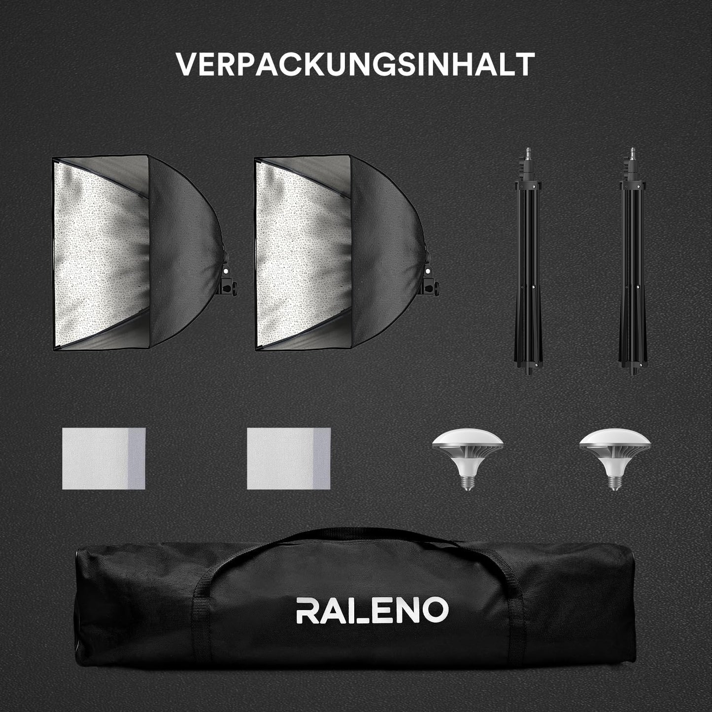 RALENO Softboxes, 2 x 50W LED Softbox Photo Studio Set, 2 x 50 x 50 cm Photo Light with 5500K Bulb and Stand for Portrait Photography, Game Streaming, YouTube Video Photography
