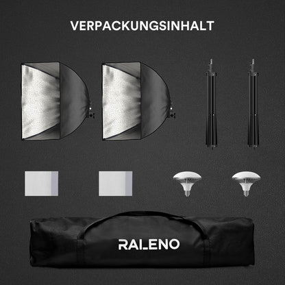 RALENO Softboxes, 2 x 50W LED Softbox Photo Studio Set, 2 x 50 x 50 cm Photo Light with 5500K Bulb and Stand for Portrait Photography, Game Streaming, YouTube Video Photography