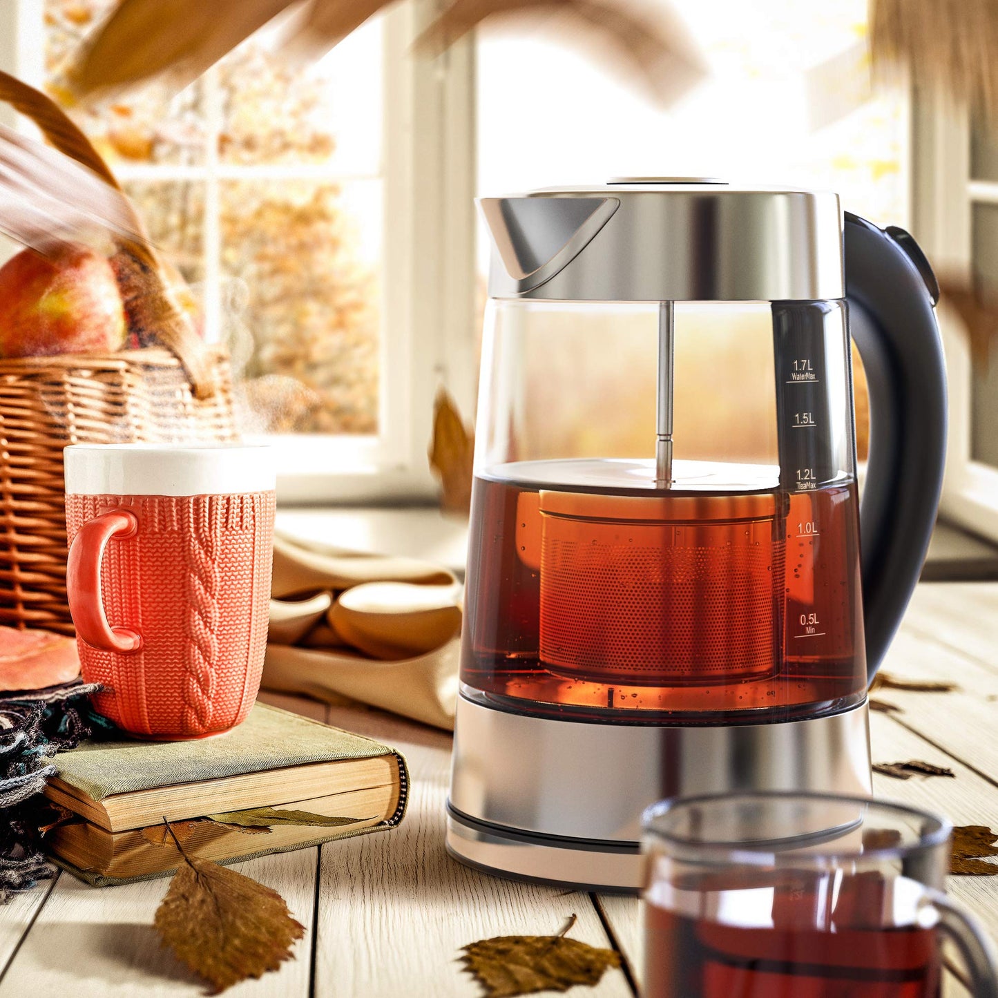 Arendo - Glass water kettle with temperature setting and tea infuser - Adjustable temperatures 40, 70, 80, 100 degrees - 1.7 liters - Auto shut-off - Keep warm function