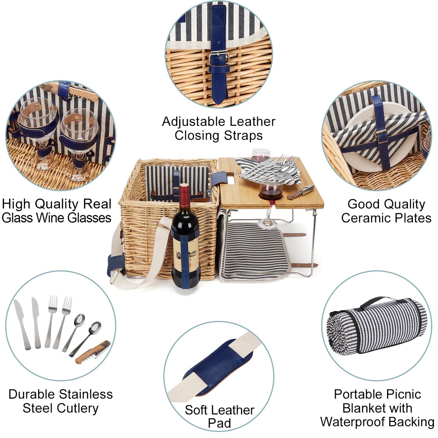 Picnic basket for 2, including a bamboo wine table with metal legs. Perfect for camping and outdoor parties.