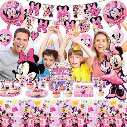 Minnie Mouse paper plates for kids birthday party décor - 100 pieces of pink Minnie birthday party supplies, Mickey birthday decorations for girls, partyware set includes napkins, tablecloth, balloons, banner, and cake decorations.