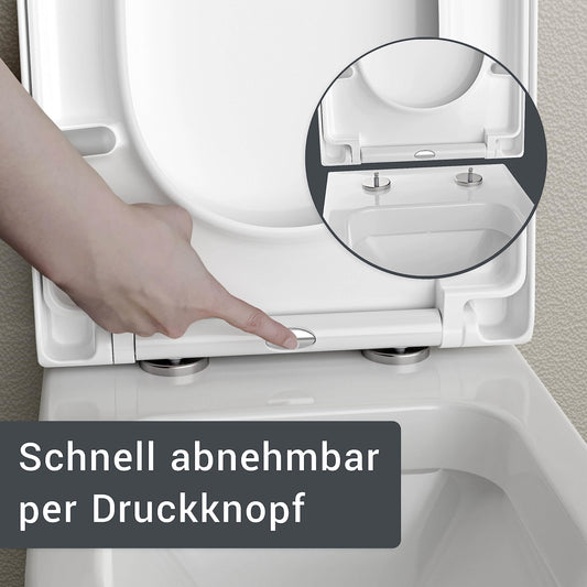 Amber toilet seat with automatic closing, soft-close, white, D-shaped toilet seat 46x36x5cm, take-off mechanism, antibacterial WC seat made of duroplast, easy installation - toilet lid U1002