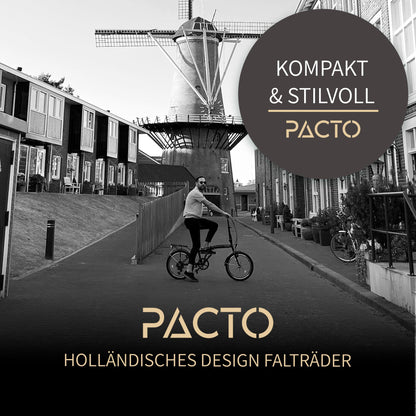PACTO Nine - Dutch-style bike with comfortable folding design. 27cm steel frame, 20-inch wheels, Nexus 3-speed hub gear. Foldable for adult men and women.