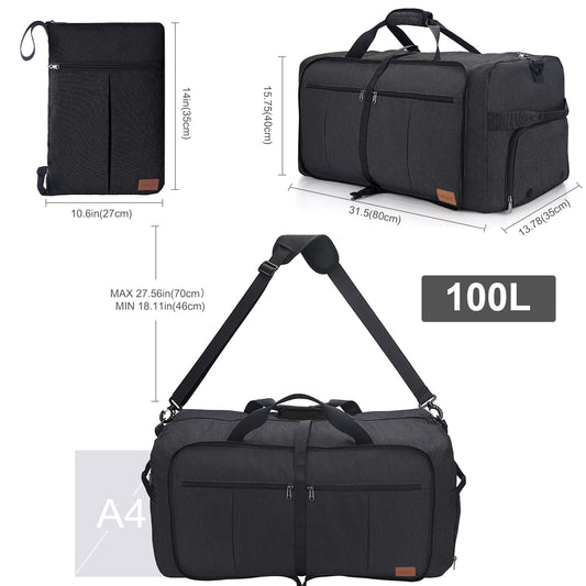 Urtala Foldable Travel Bag for Men & Women, 100L Large Weekender Overnight Bag with Shoe Compartment, Waterproof Carry-on Bag/Sports Bag