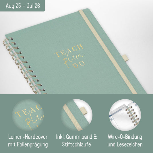 Häfft® Teacher Planner 2025/2026 A4 + Deluxe "Green Canvas" Hardcover Teacher Planner, large school year planner with spiral binding, school planner - sustainable & environmentally friendly.