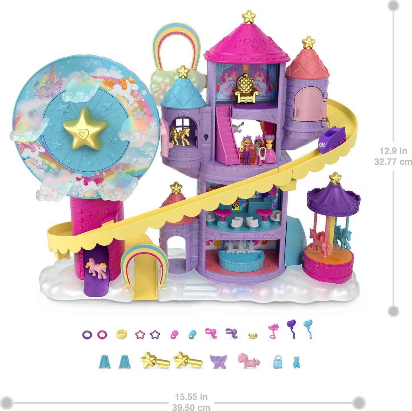 Polly Pocket HBT13 - Rainbow Unicorn Fun Fair, 3 different amusement park attractions, 7 play areas, 2 dolls, 2 unicorns, and 25 surprises (30 total pieces), for ages 4 and up.
