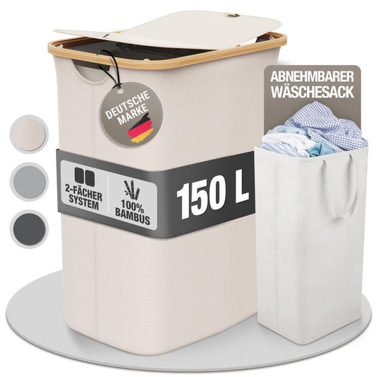 Laundry basket 150L with 2 lids and 2 compartments - Foldable laundry collector made of bamboo fabric Beige - Laundry box, laundry chest, laundry container, laundry separator for bathroom, bedroom & laundry room.