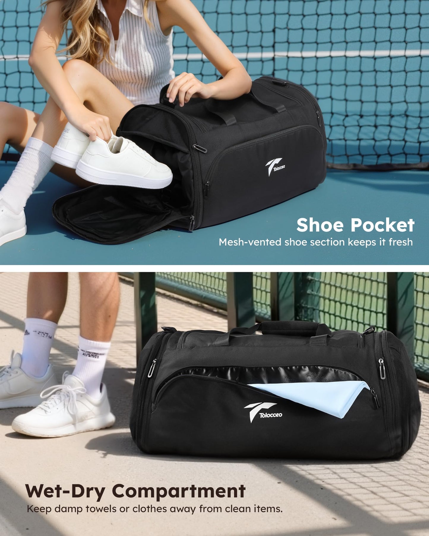 Tolaccea 54L-72L Expandable Sports Bag for Men, Women, Large Travel Backpack with Shoe Compartment, Fitness Training Bag for Gym, Travel, Swimming, Sauna, Soccer (Black)
