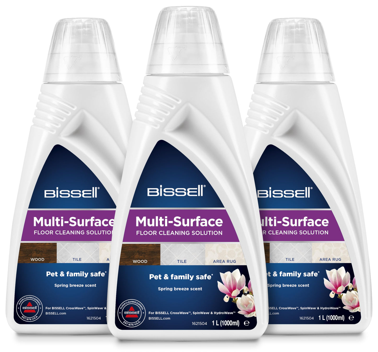 BISSELL Multi Surface Cleaning Solutions Pack, Stain Remover for Hardwood Floors, Laminate, and Carpets, 3 x 1 Liter, For CrossWave, SpinWave, and HydroWave, 2885