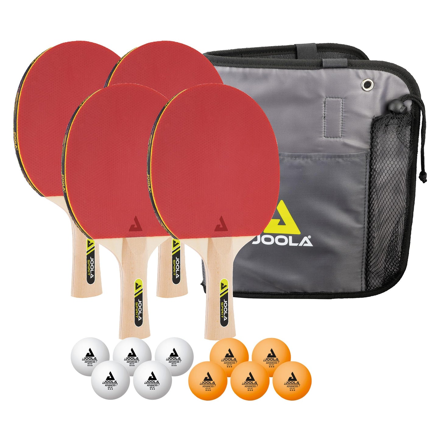 JOOLA Table Tennis Set Family, 4 table tennis rackets + 10 table tennis balls + bag, approx. W 30 x H 8 x D 35 cm.