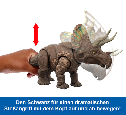 Mattel Jurassic World: The Rebirth Gigantic Thrashers Eotriceratops dinosaur toy figure, large dinosaur species, with two activatable rage attacks, digital game, JGB93.