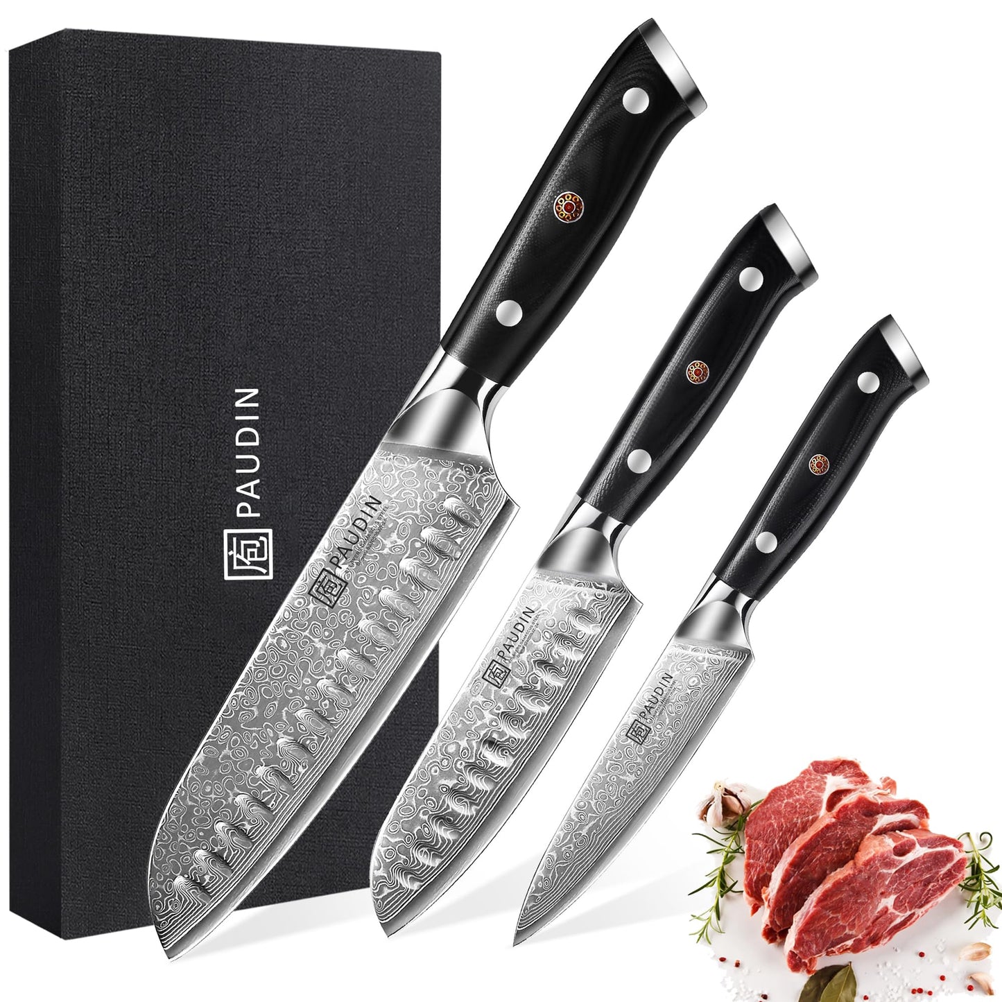 PAUDIN Damascus knife set, 3-piece knife set with ultra sharp Santoku knife kitchen knife made of 67 layers of Damascus steel with a Japanese VG10 steel core, ergonomic G10 handle.
