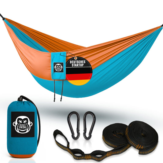 Monkey Swing Hammock Ultralight incl. carabiner & heavy-duty straps (up to 300 kg load capacity, 275 x 140 cm) - perfect for camping, outdoor, trekking & as a travel hammock (turquoise/orange)
