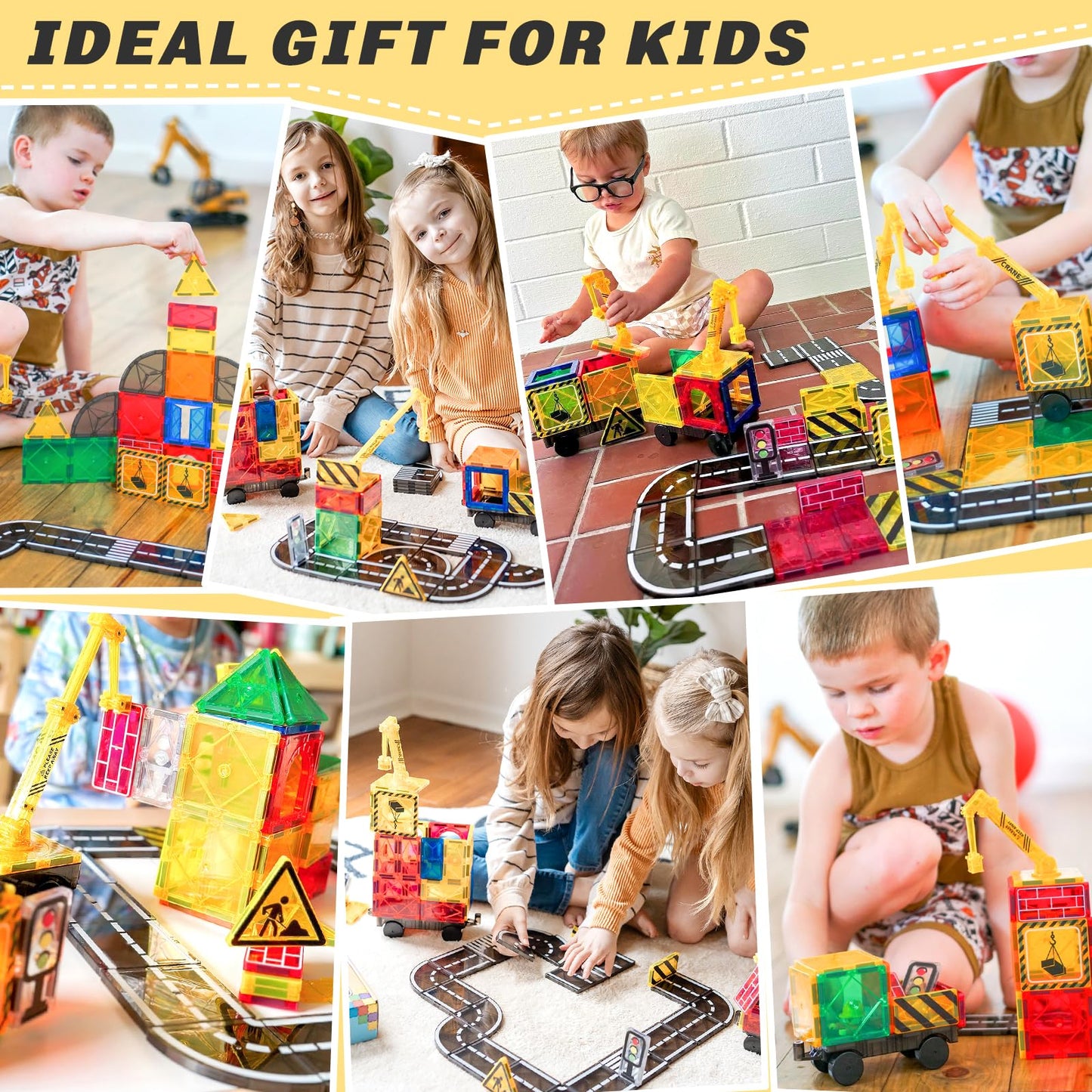 Children's play magnetic building blocks road set with retractable magnetic crane, city building toy for toddlers preschool toy age 4-6 5-7, gifts for boys girls from 3 years old Kids' toy