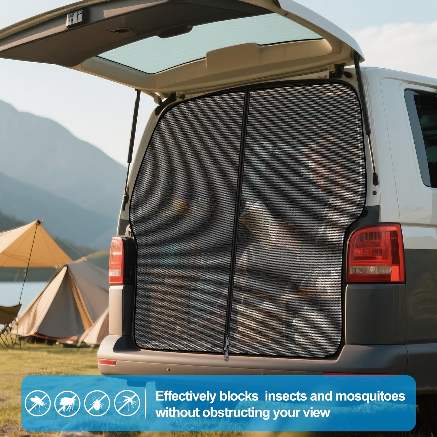 ZATOOTO mosquito net zipper for VW T5 T6 tailgates, fly screen insect protection sunshade, rear door separator curtain mosquito net with magnetism, trunk shade net camping travel (rear)